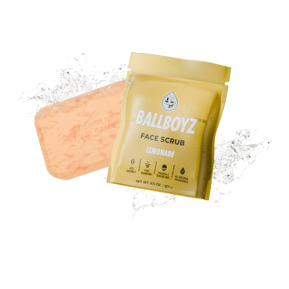 Ballboyz Face Scrub in shower used by athlete cleans sweat and refreshes