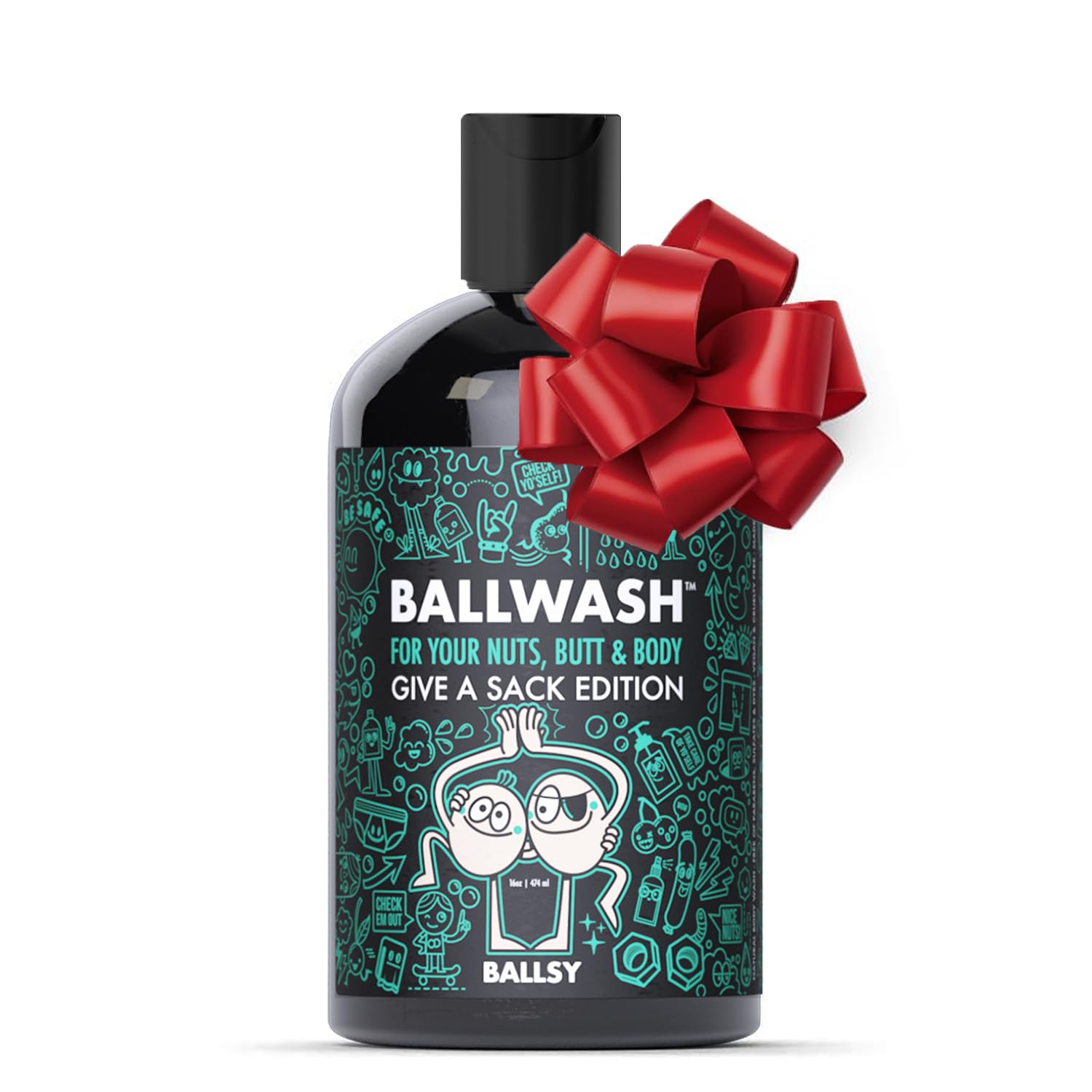 Ballsy Give-A-Sack front pump bottle showing label and clean design benefit: easy dispensing