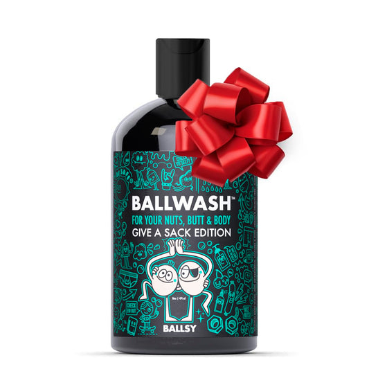 Ballsy Give-A-Sack front pump bottle showing label and clean design benefit: easy dispensing