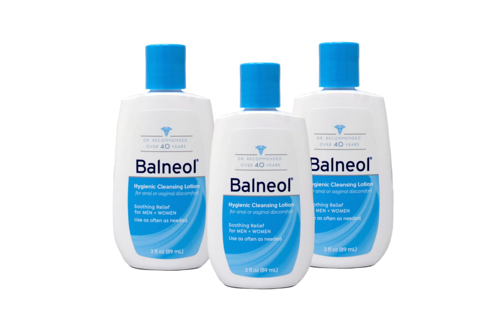 Balneol front packaging pack of three bottles showing brand and travel convenience
