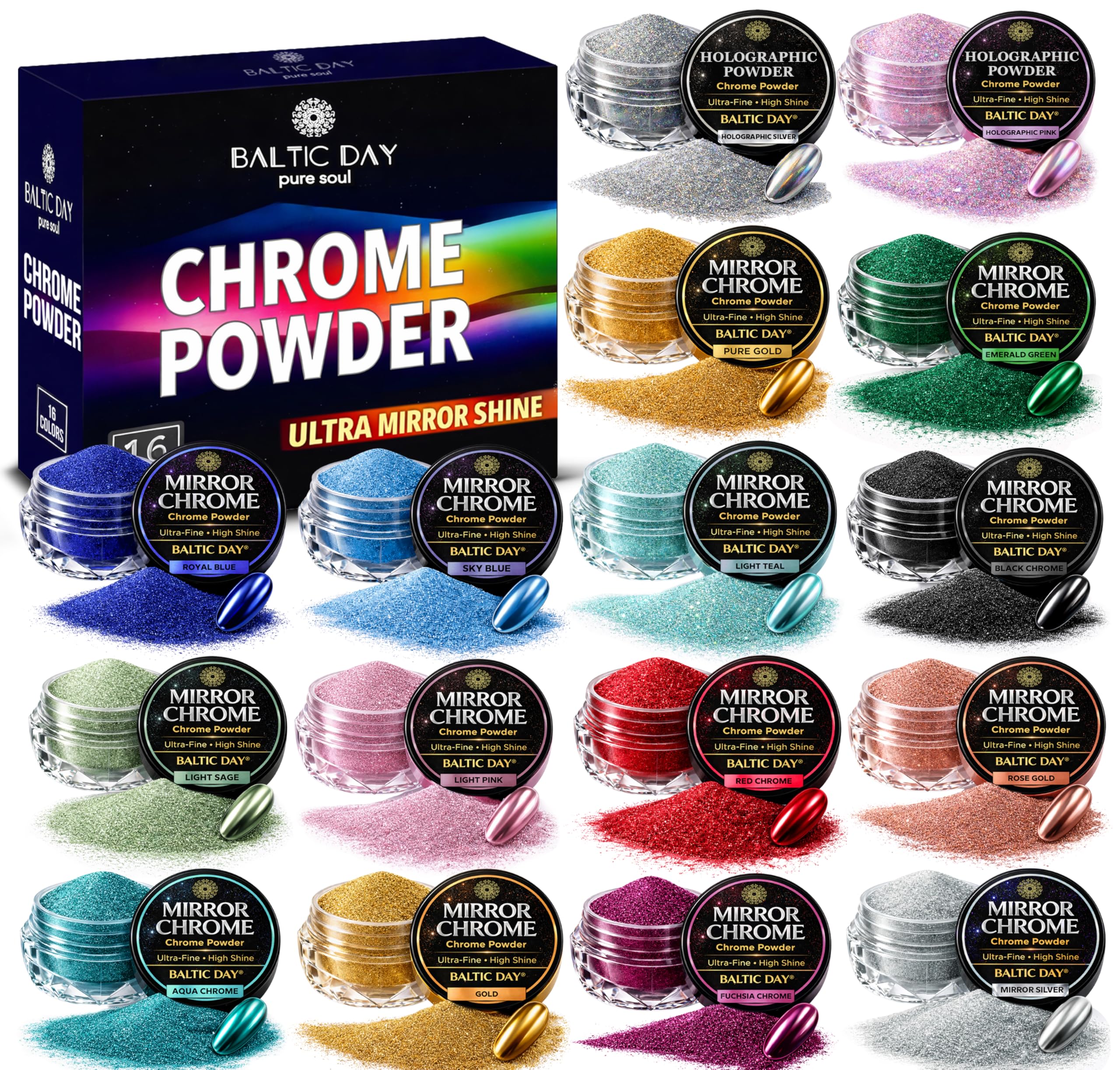 BALTIC DAY front packaging showing 16 chrome and holographic pigment jars for easy selection