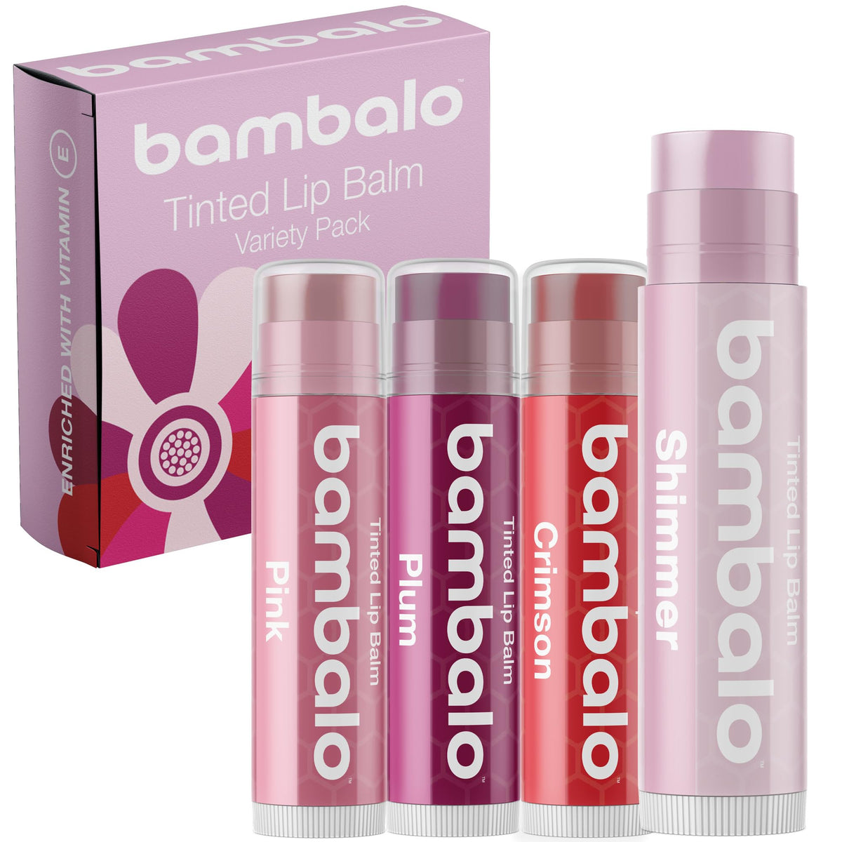 Bambalo front packaging showing four tinted lip balms and product variety benefit