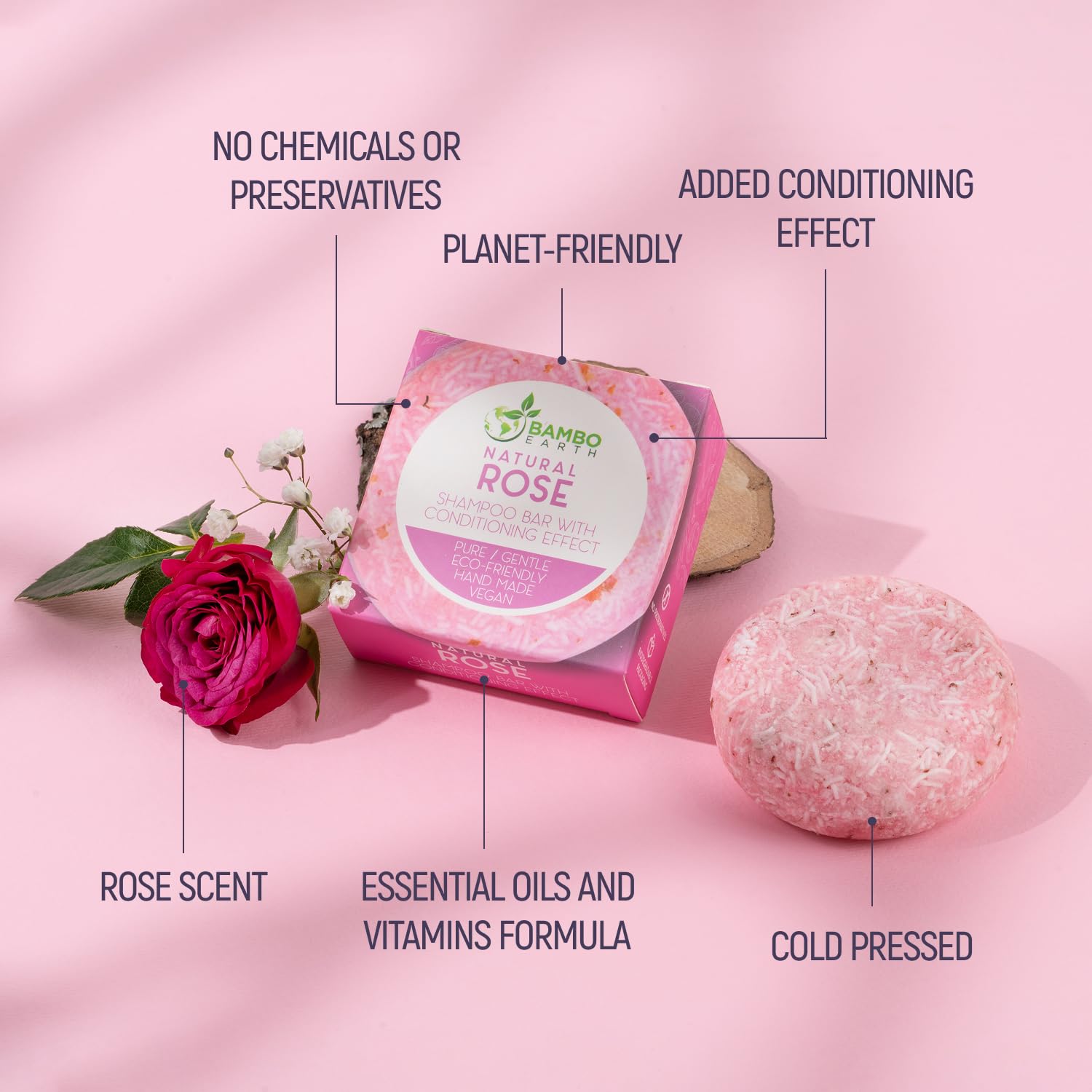 BAMBOEARTH close-up of rose shampoo bar texture showing smooth surface and conditioning benefit