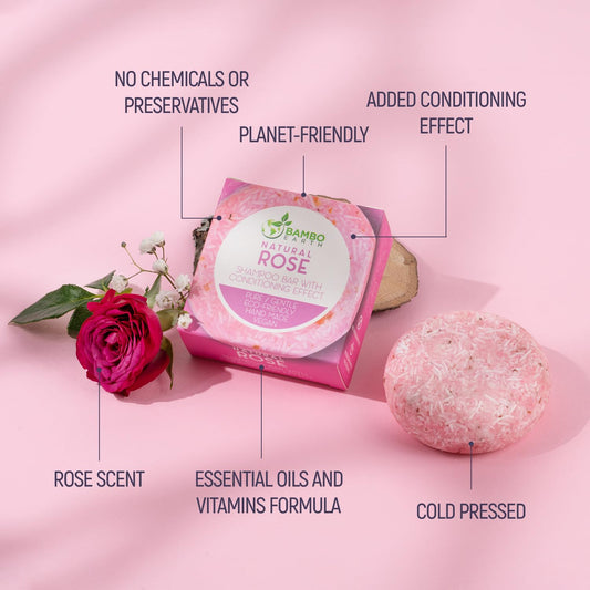 BAMBOEARTH close-up of rose shampoo bar texture showing smooth surface and conditioning benefit
