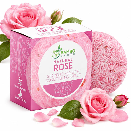 BAMBOEARTH front packaging showing rose shampoo bar and biodegradable box benefit: eco-friendly
