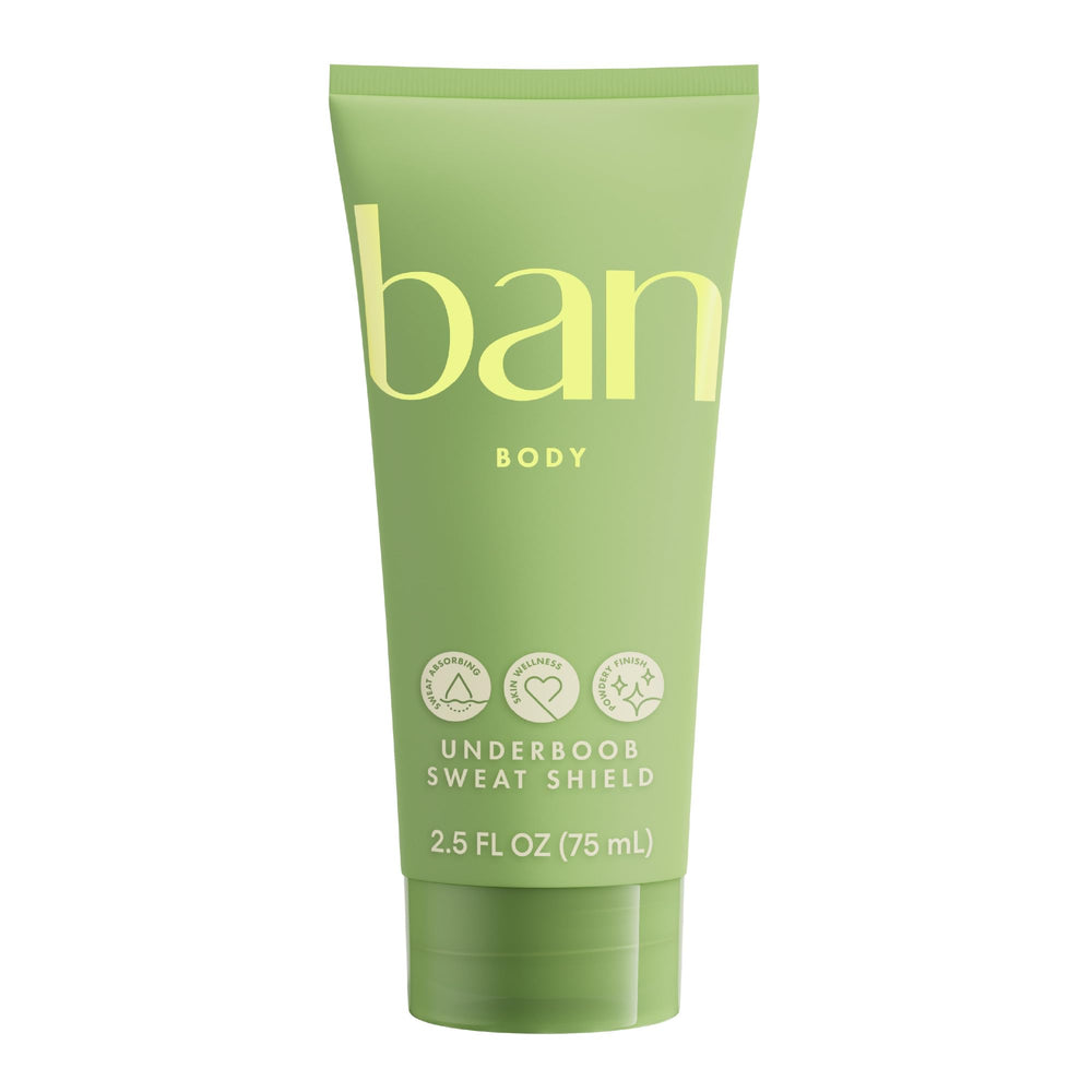 Ban front packaging showing 2.5 oz unscented stay dry lotion benefit: clear product identity