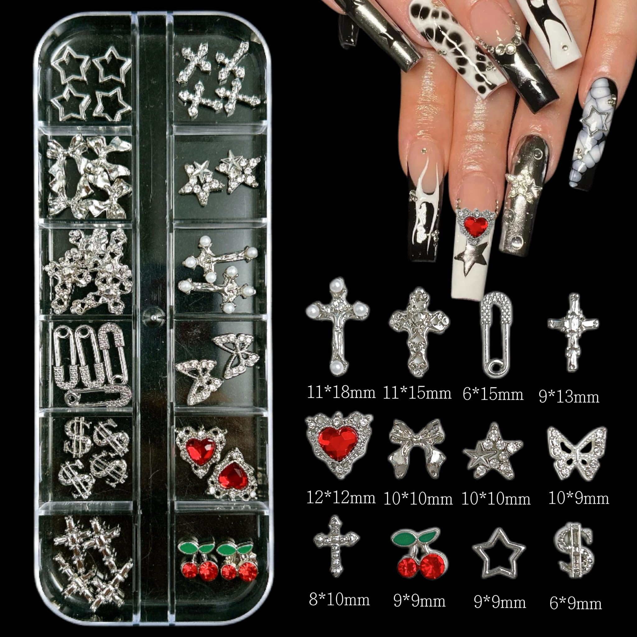 bana art close-up of 3D silver charms showing texture and sparkle for high-impact nails