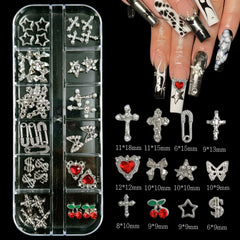 bana art close-up of 3D silver charms showing texture and sparkle for high-impact nails