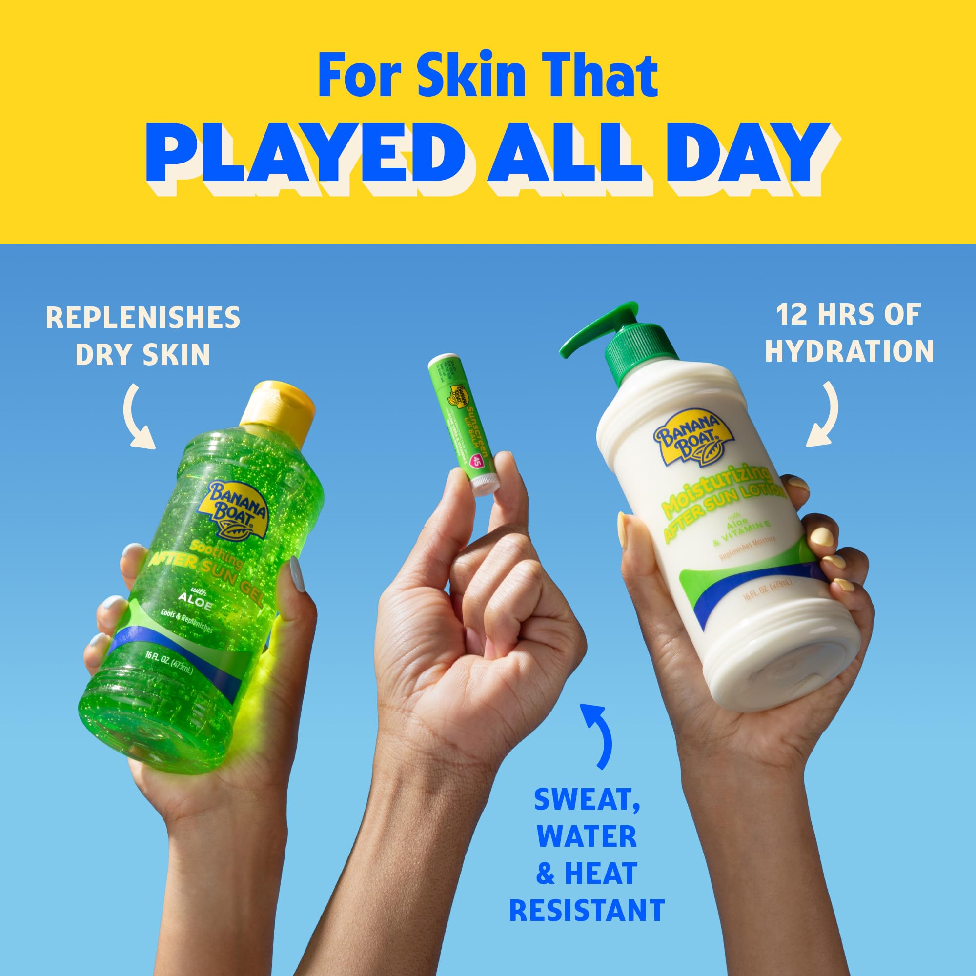 Banana Boat close-up label highlighting aloe and vitamin E ingredients benefit