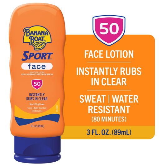 Banana Boat face sunscreen being dispensed for quick, mess-free application