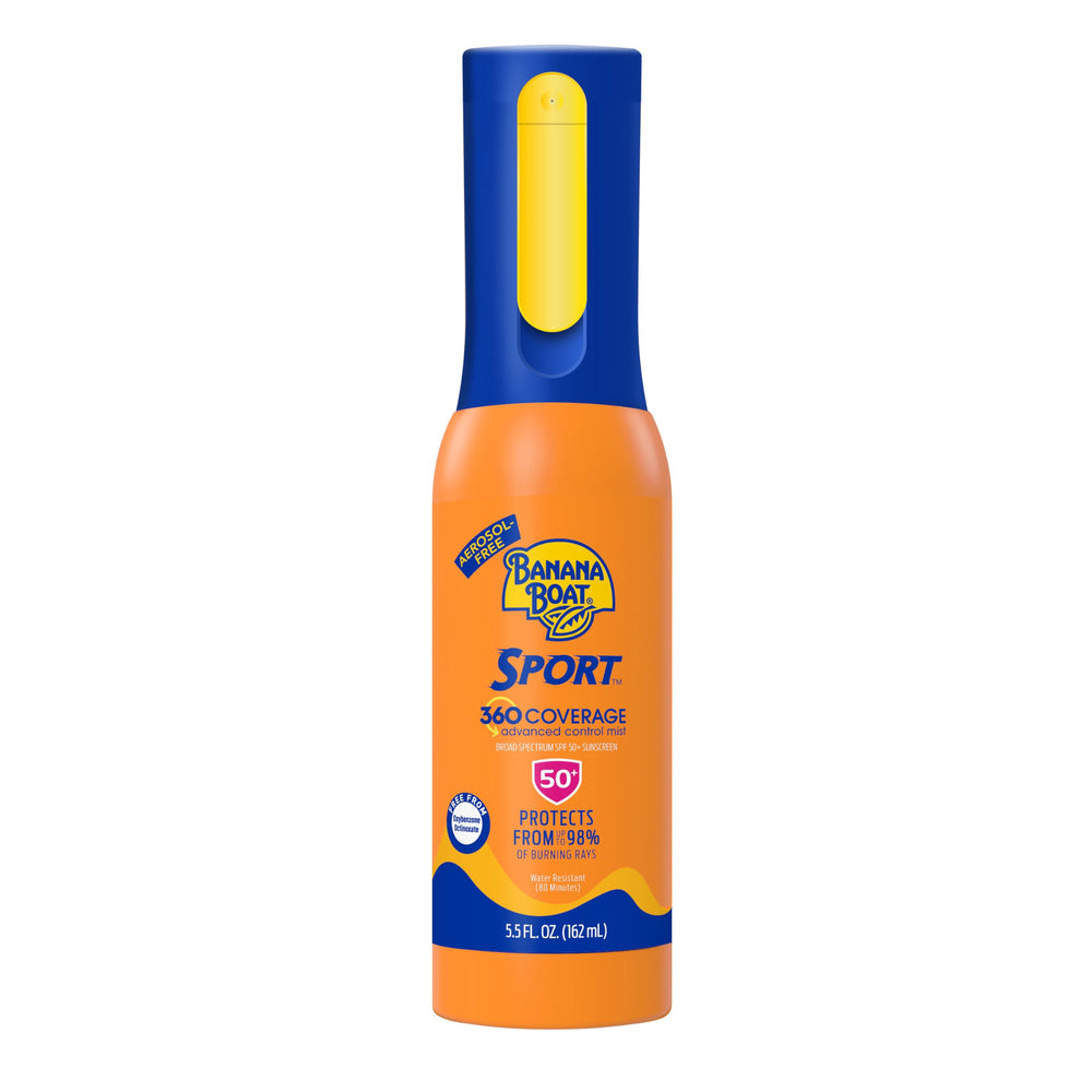 Banana Boat front bottle sport mist showing ergonomic grip and benefits