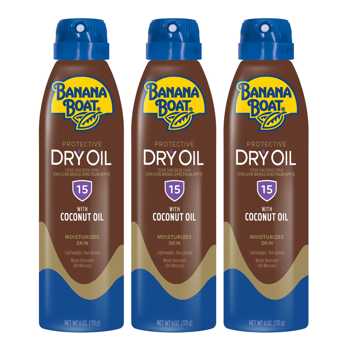 Banana Boat front packaging showing SPF 15 and pack of three for easy storage