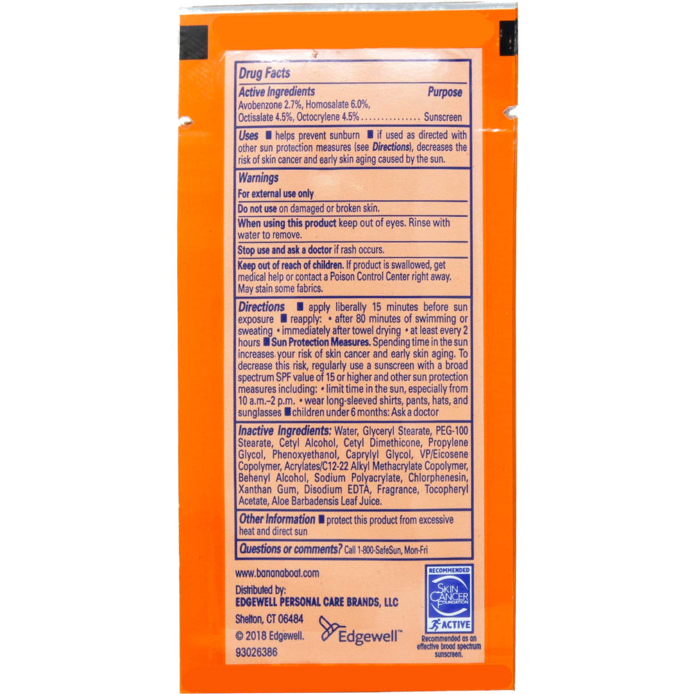 Banana Boat packet squeezed onto hand for quick application benefit