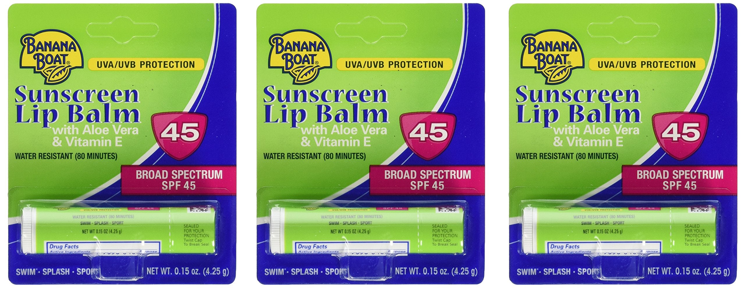 Banana Boat 3-pack front packaging showing compact lip balms and SPF protection