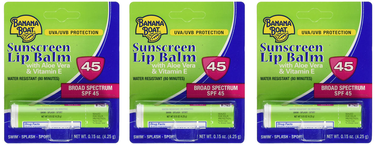 Banana Boat 3-pack front packaging showing compact lip balms and SPF protection