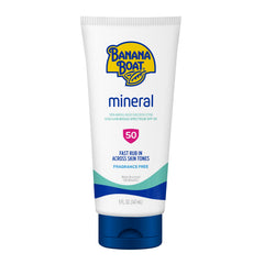 Banana Boat mineral front packaging showing SPF 50 protection and zinc oxide benefits