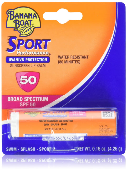Banana Boat sport lip balm front packaging showing tube and SPF protection