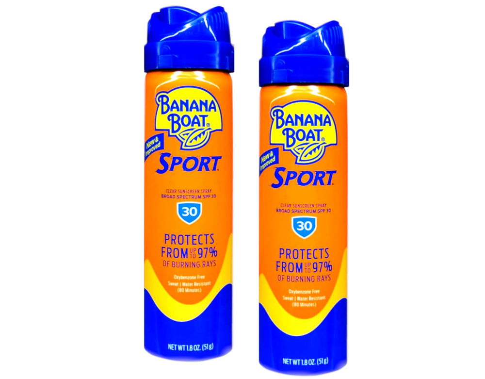Banana Boat front packaging showing SPF 30 travel spray protecting on the go