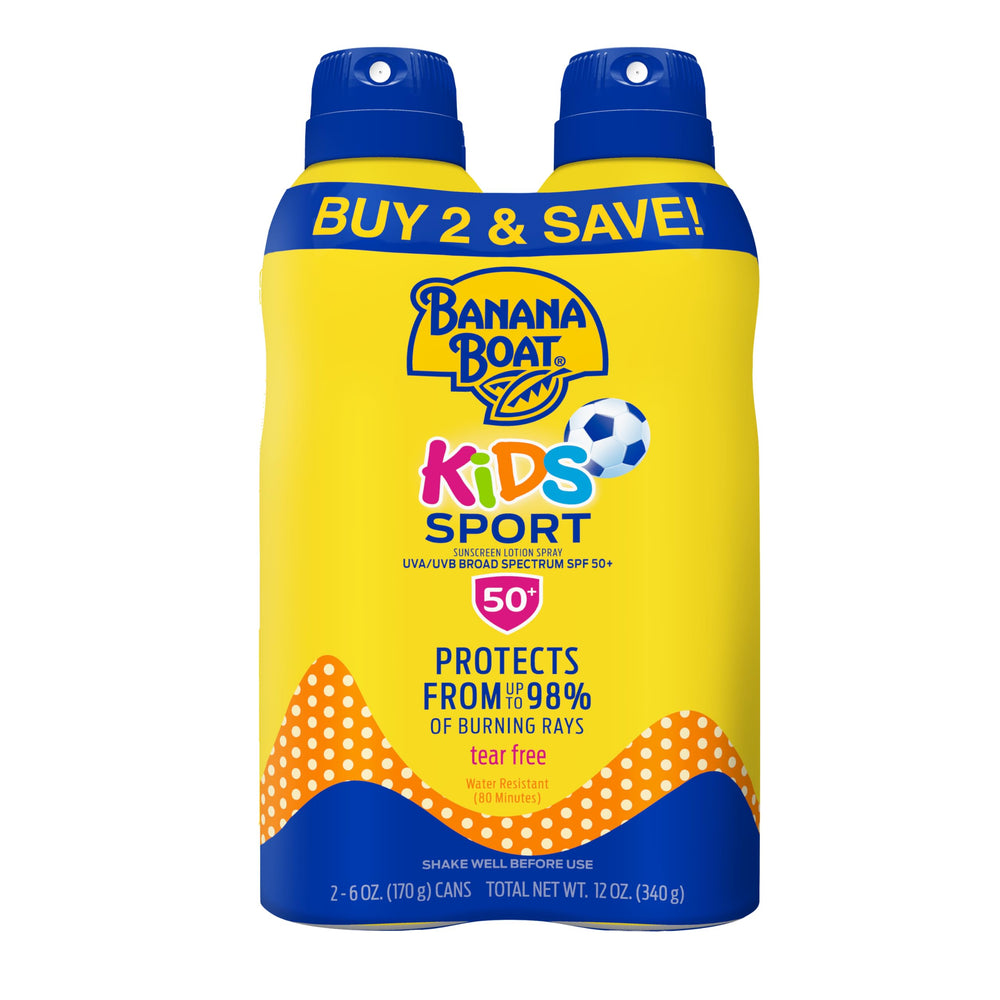 Banana Boat front packaging showing twin SPF 50 bottles and clear labeling benefit