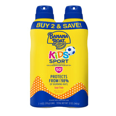 Banana Boat front packaging showing twin SPF 50 bottles and clear labeling benefit