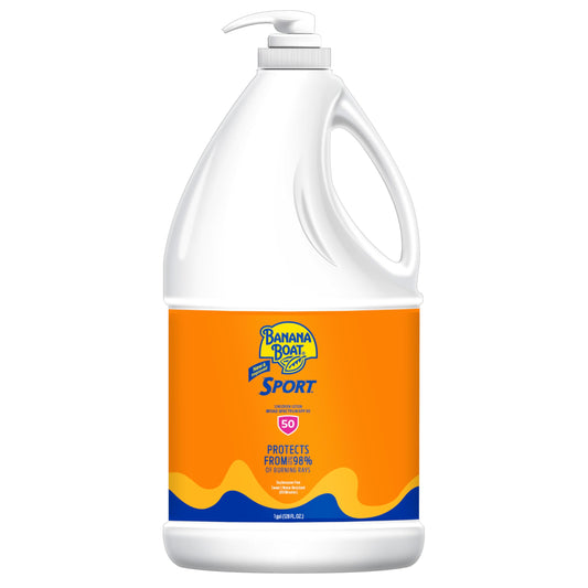 Banana Boat Sport Ultra front label showing SPF 50 protection and size benefit