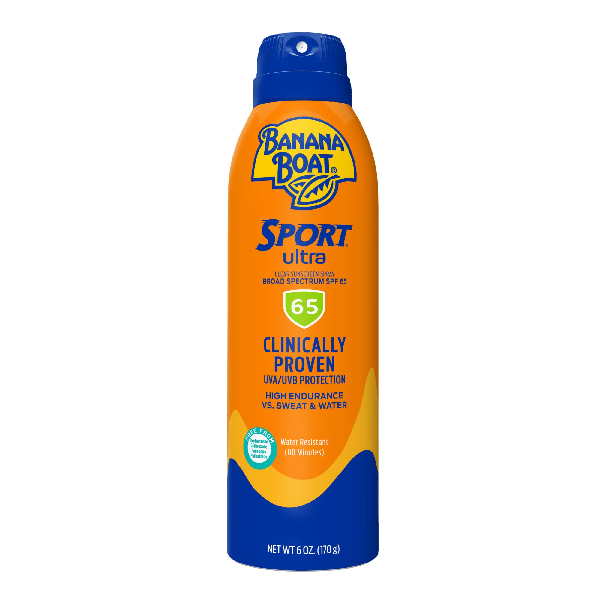 Banana Boat front view of SPF 65 spray showing label and size benefit