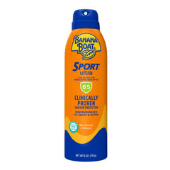 Banana Boat front view of SPF 65 spray showing label and size benefit