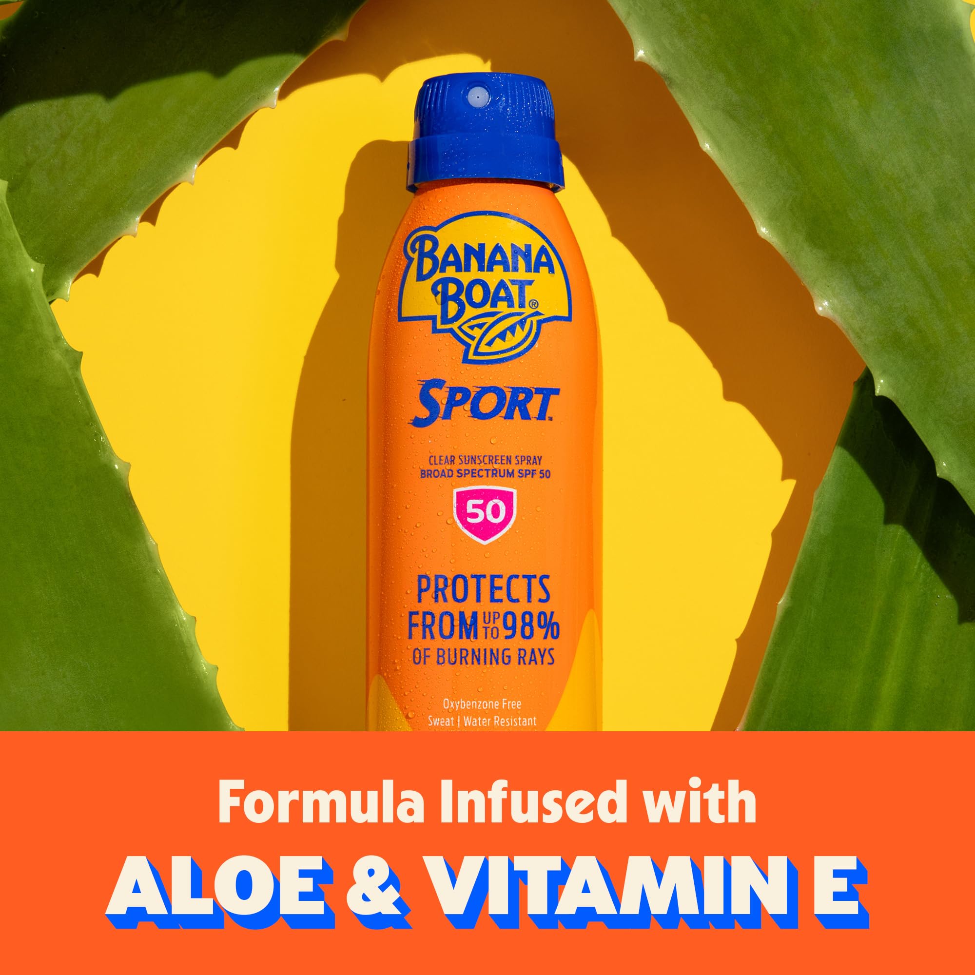 Banana Boat spray action demonstrating fast application for active users