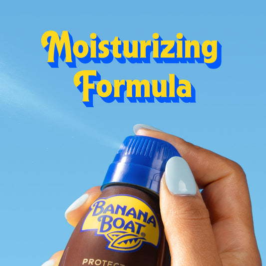 Banana Boat spray closeup nozzle demonstrating UltraMist even coverage