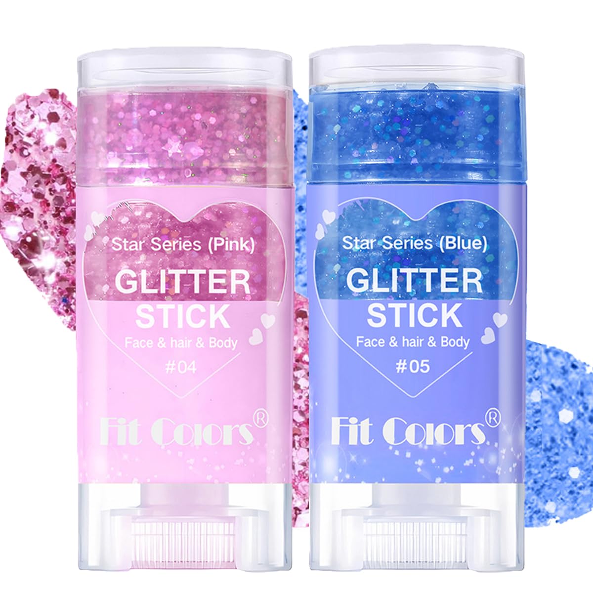 Baorder front view of two glitter sticks showing colours and packaging, great for quick styling