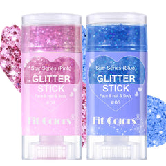 Baorder front view of two glitter sticks showing colours and packaging, great for quick styling