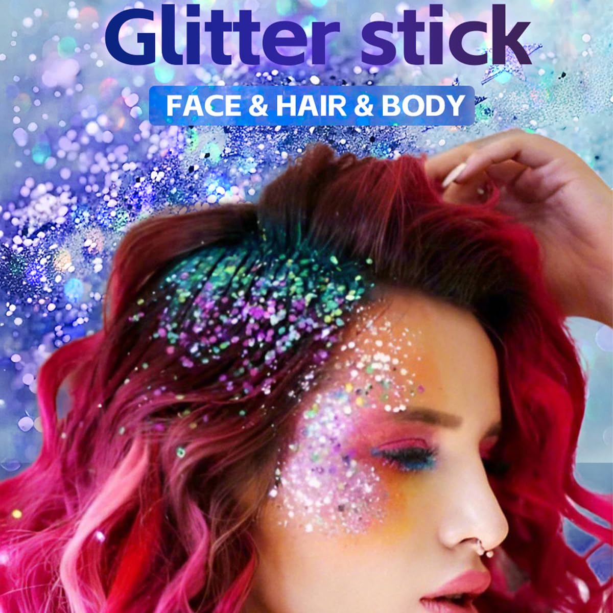 Baorder model wearing glitter on face and hair demonstrating versatile styling options