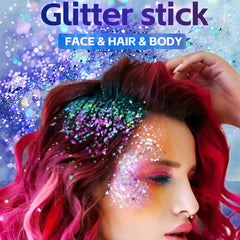 Baorder model wearing glitter on face and hair demonstrating versatile styling options