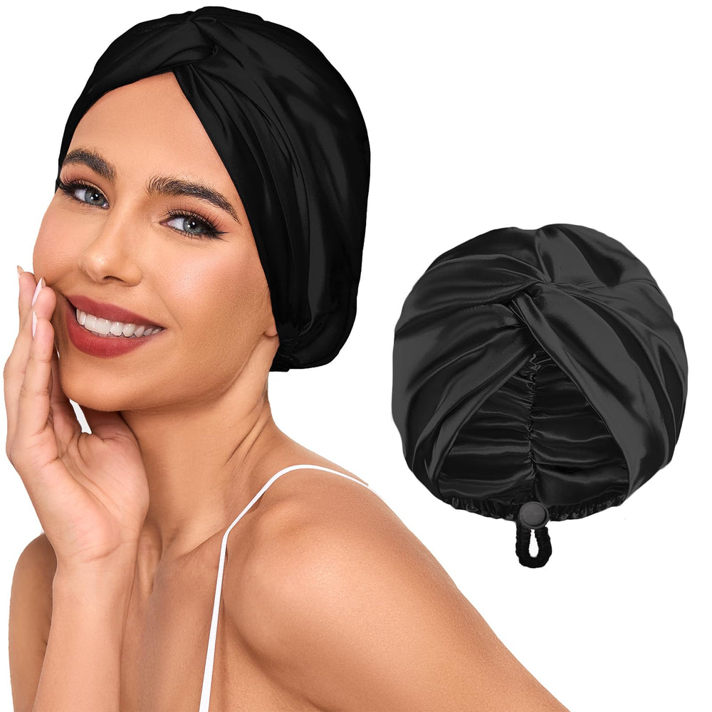 Baqzqudnl front view of black bonnet showing fit and elegant look for protected sleep
