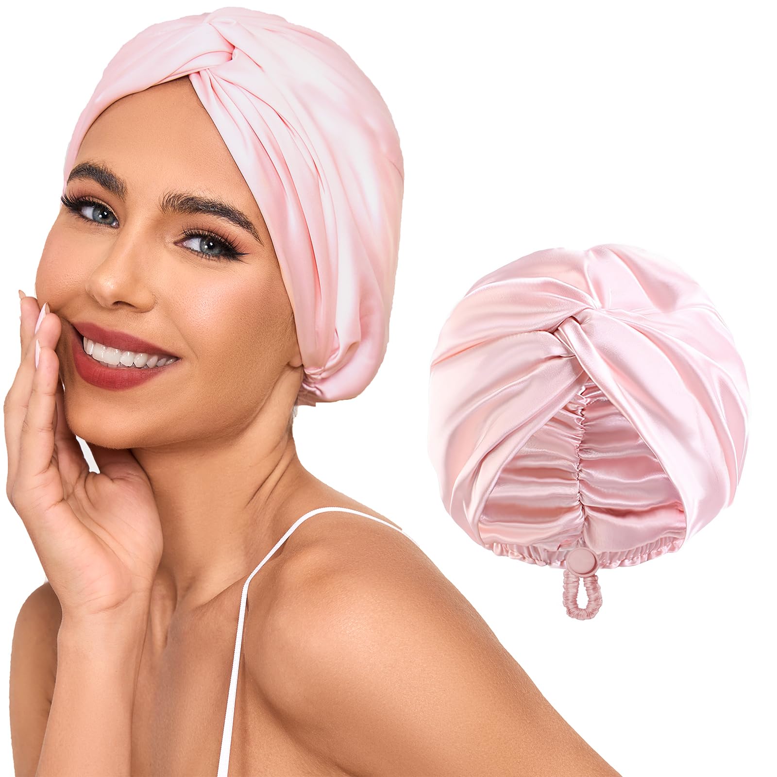 Baqzqudnl front view pink bonnet showing fit and finish for sleep protection