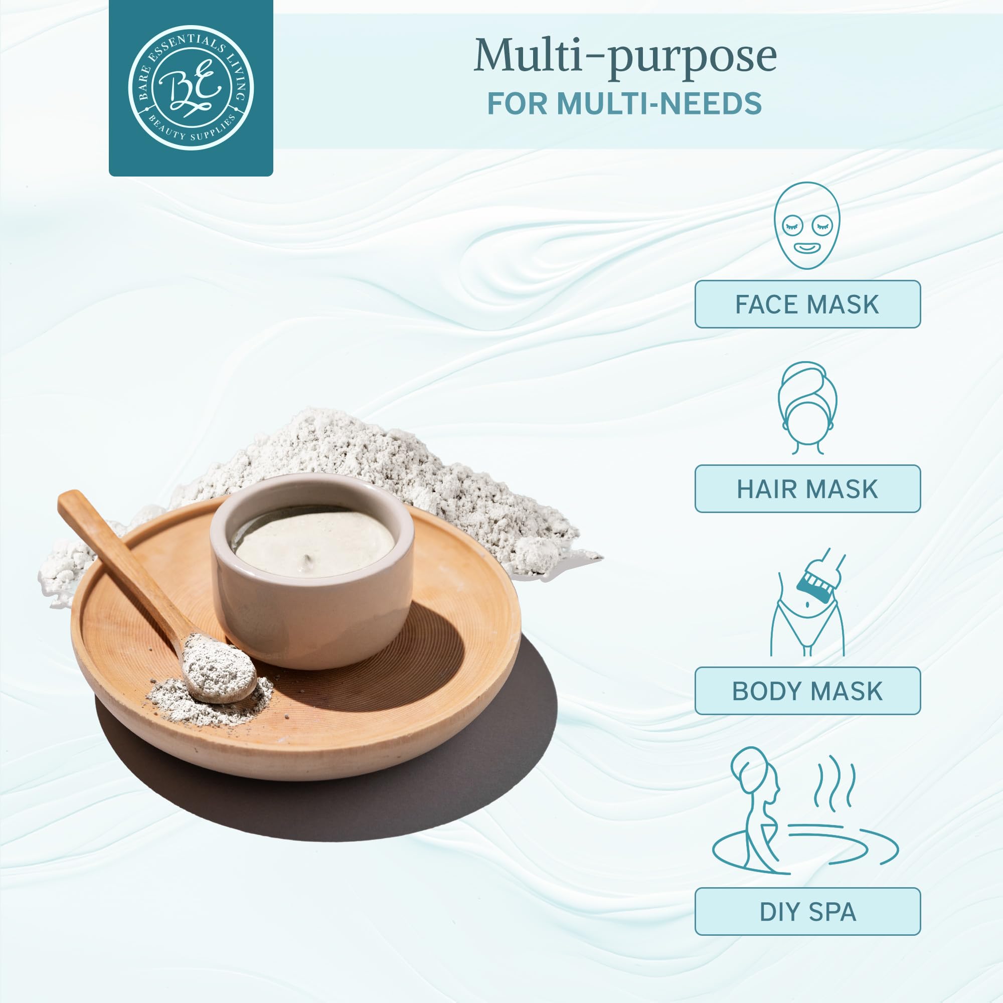 Bare Essentials Living close-up of fine white kaolin texture, smooth powder for gentle use