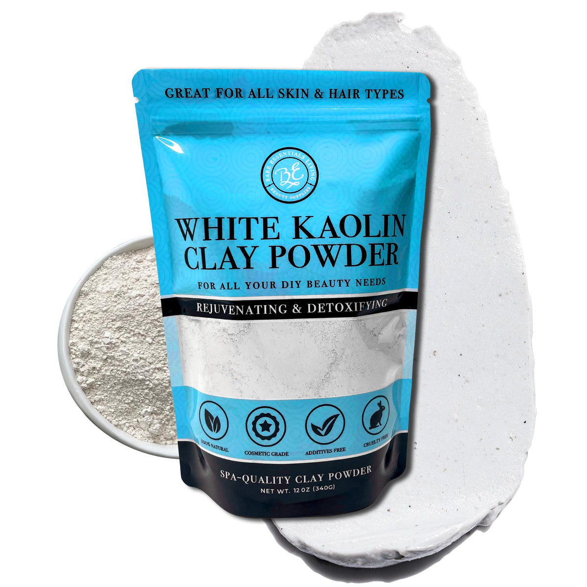 Bare Essentials Living front packaging showing 12oz kaolin clay, clear labeling and benefits