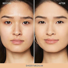bareMinerals open compact with puff applicator, demonstrating convenient on-the-go touch-ups