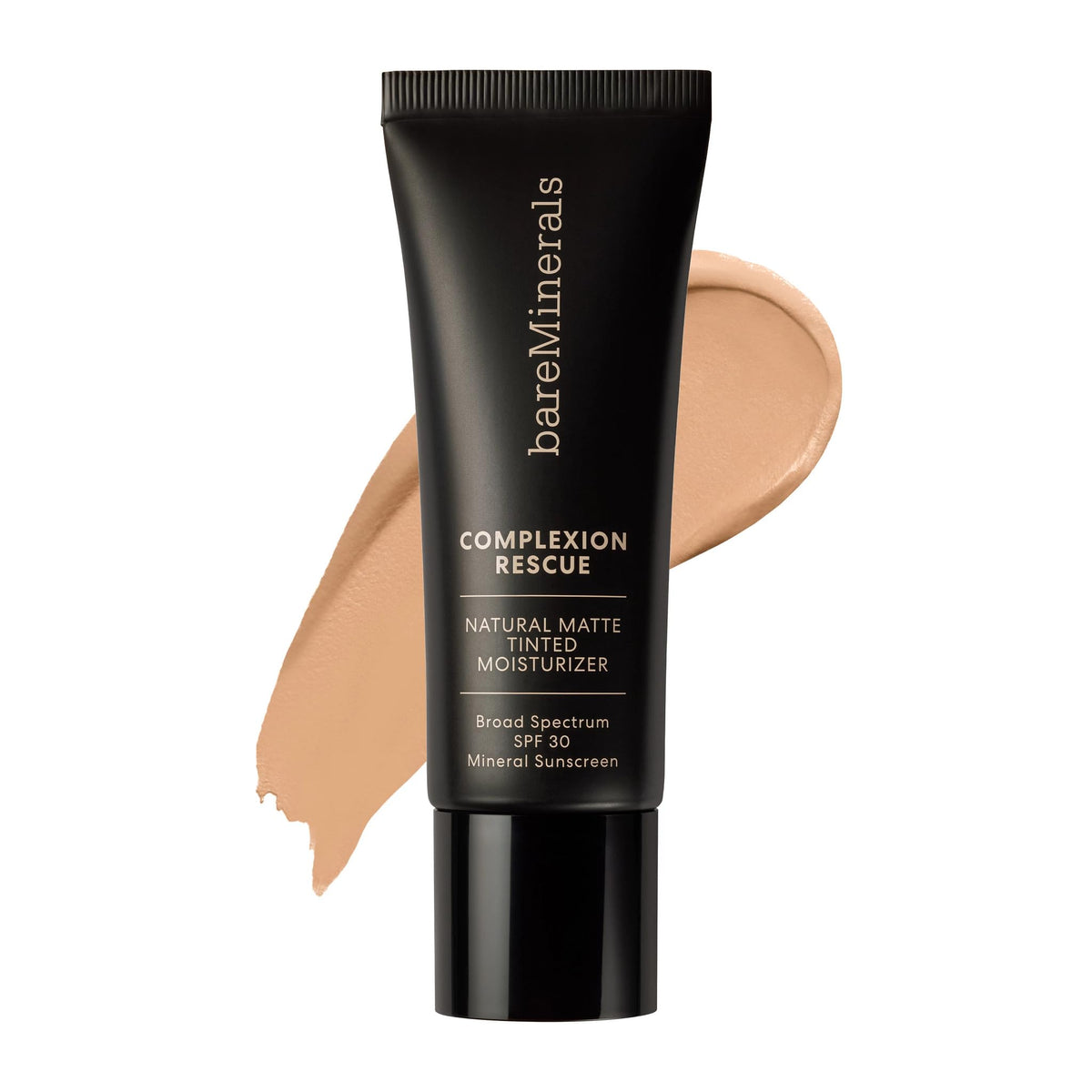 bareMinerals front packaging of Complexion Rescue Suede 04 showing benefits