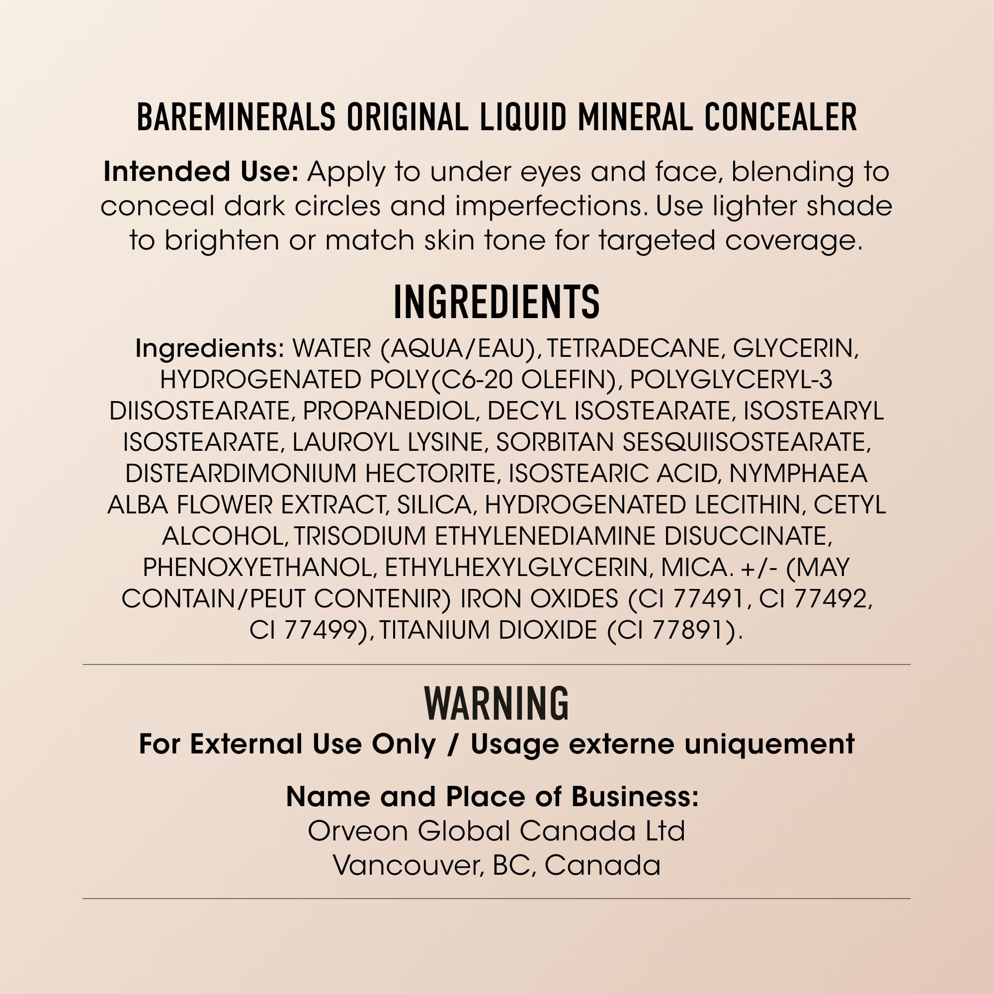 bareMinerals label close-up showing key clean-ingredient callouts