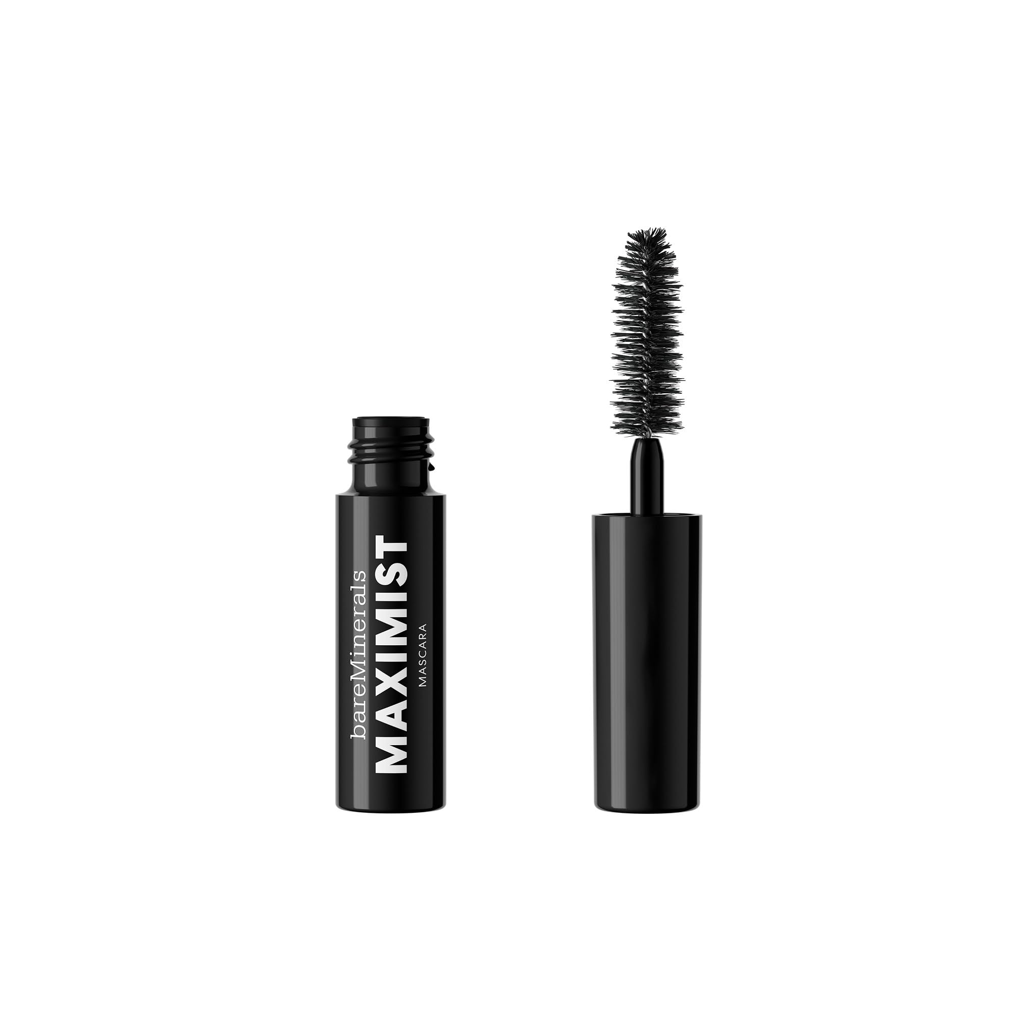 bareMinerals front packaging of the mini Maximist mascara showing compact tube and label, travel-ready benefit