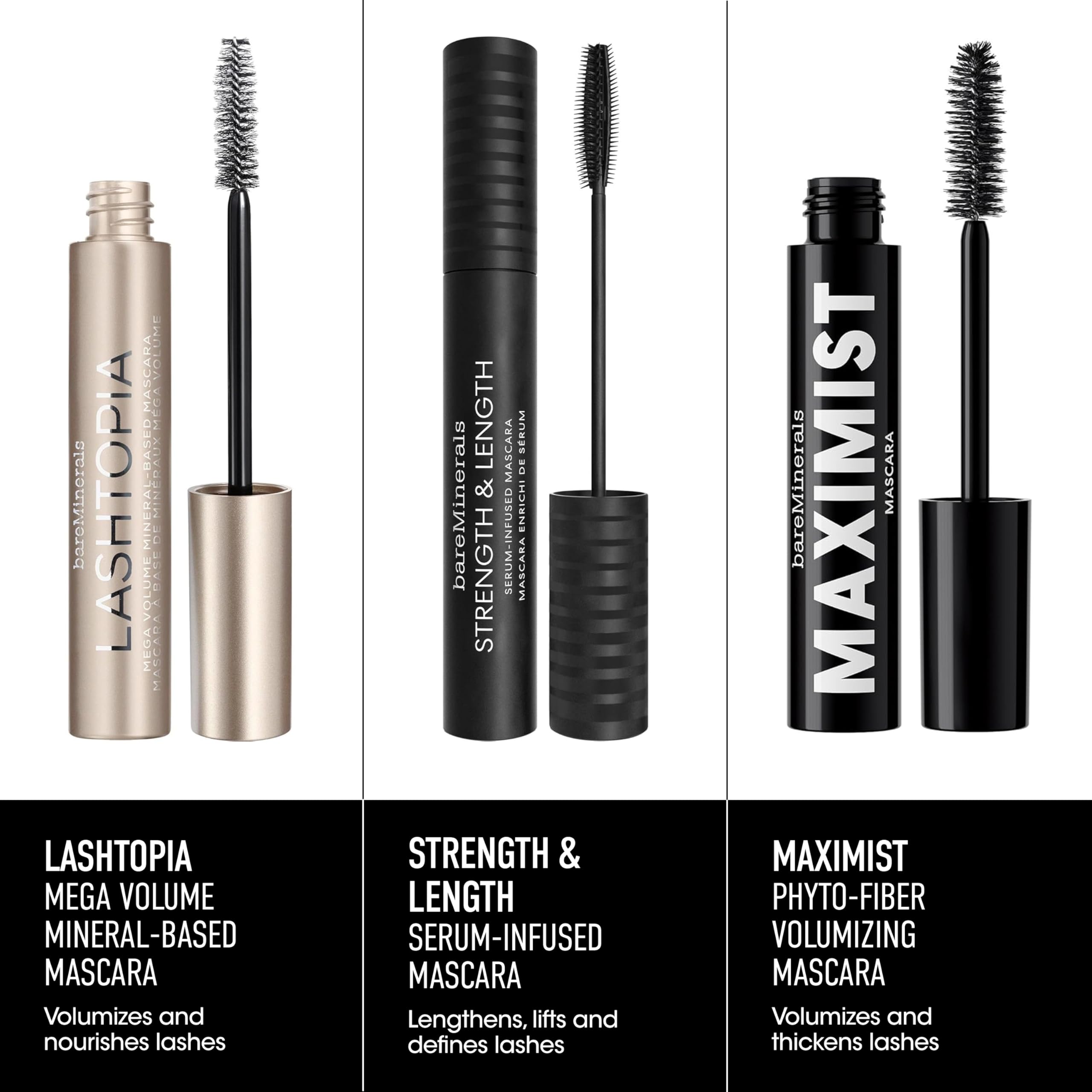 bareMinerals mascara in a makeup bag lifestyle shot showing easy portability and on-the-go beauty benefit