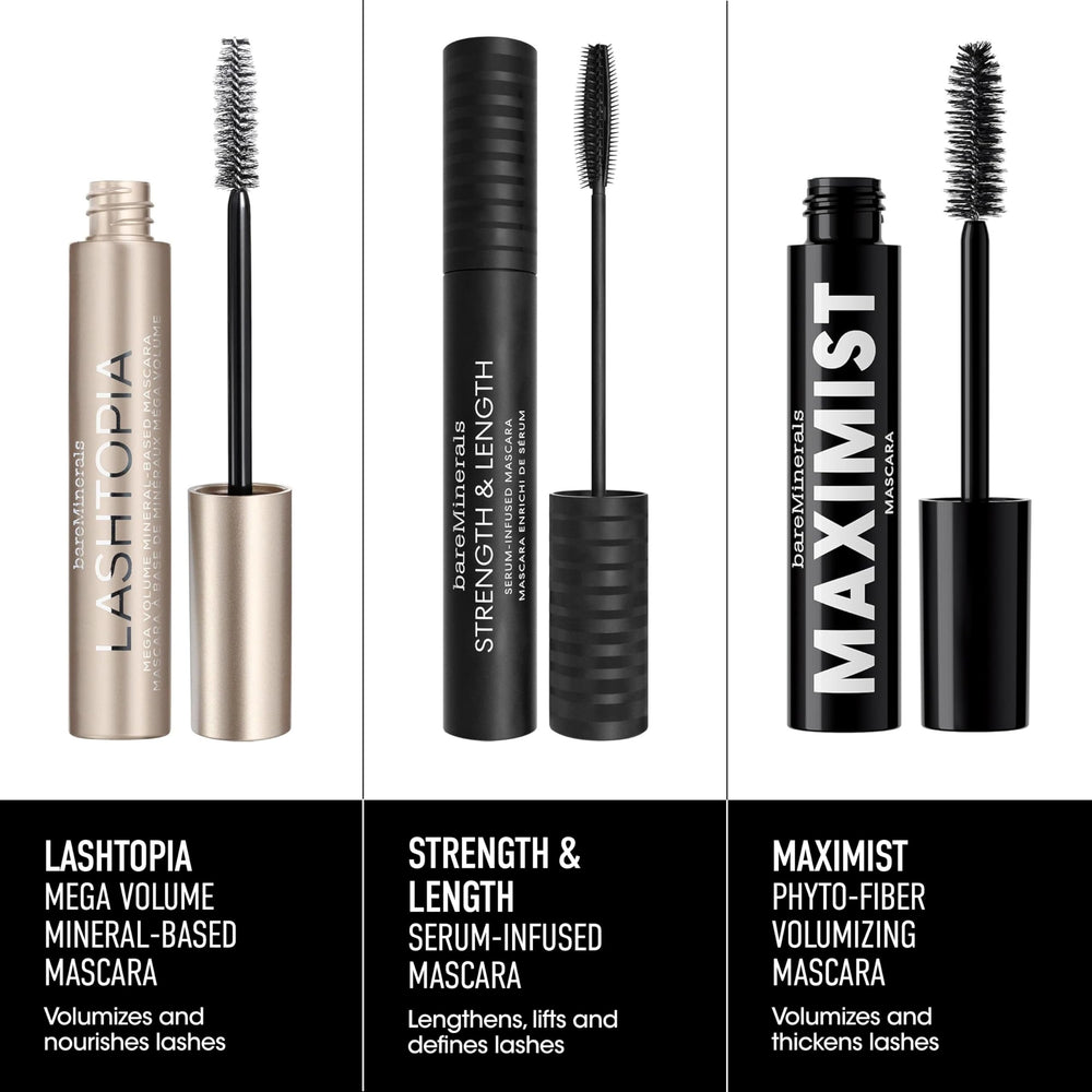 bareMinerals mascara in a makeup bag lifestyle shot showing easy portability and on-the-go beauty benefit