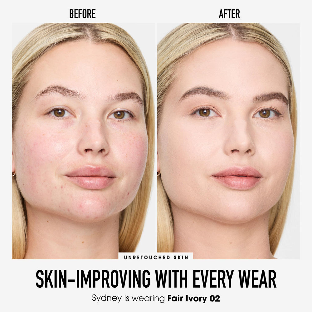 bareMinerals open jar revealing fine powder texture, indicating blendable coverage