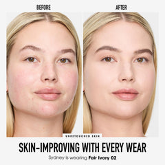 bareMinerals open jar revealing fine powder texture, indicating blendable coverage
