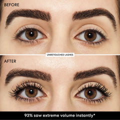 bareMinerals mascara texture swiped on white surface showing fiber-rich formula for instant fullness benefit