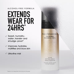 bareMinerals spray mist applied to face demonstrating long-wear benefit