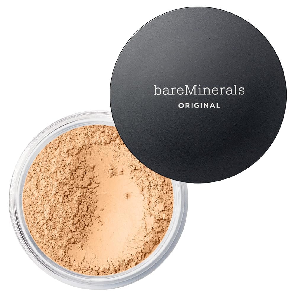 bareMinerals product front view showing jar and label, clear branding and benefits