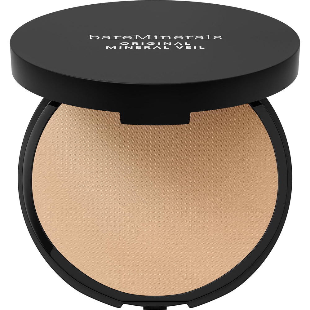 bareMinerals compact front view showing sleek packaging and brand logo, travel-ready benefit