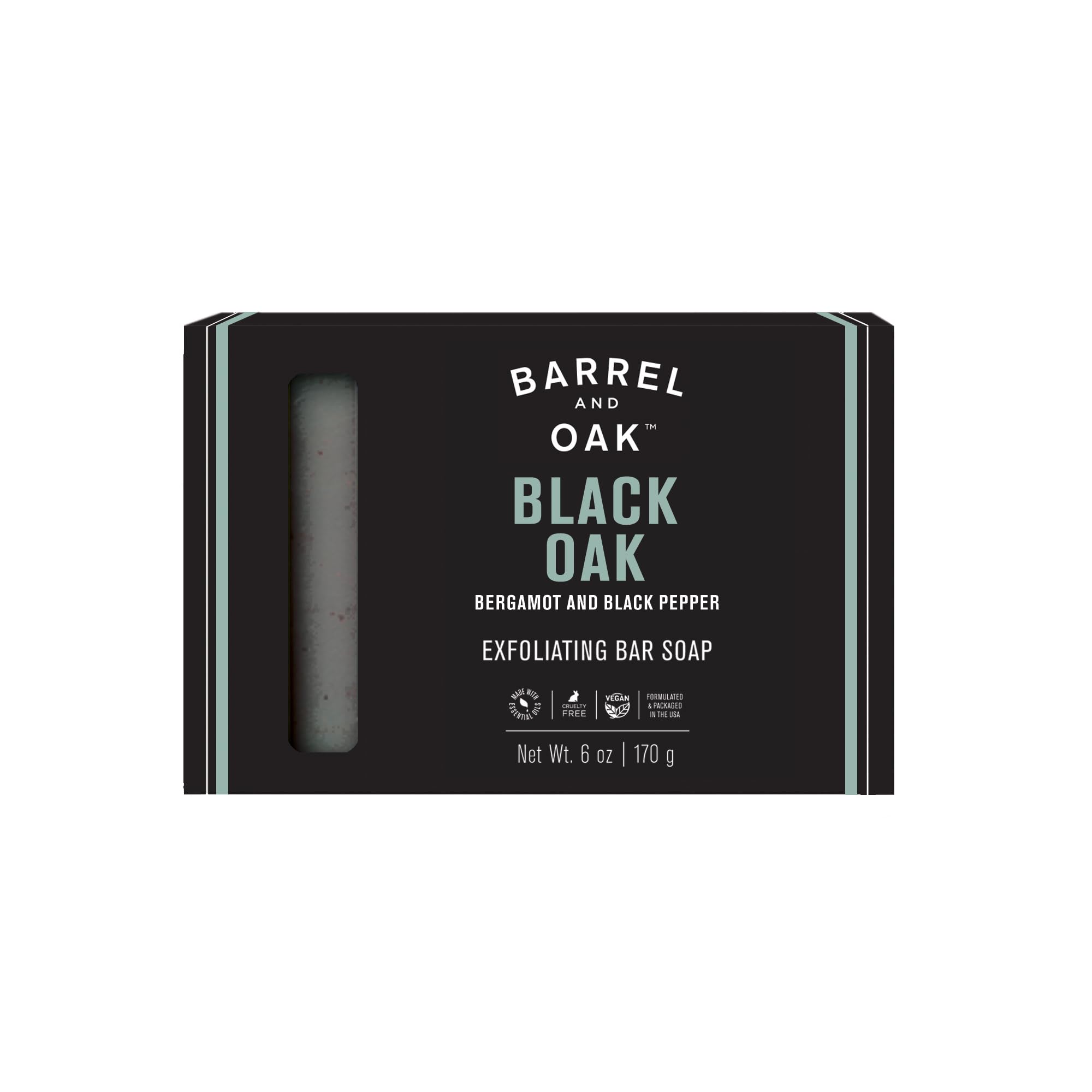 Barrel & Oak front packaging showing rugged black oak bar benefits